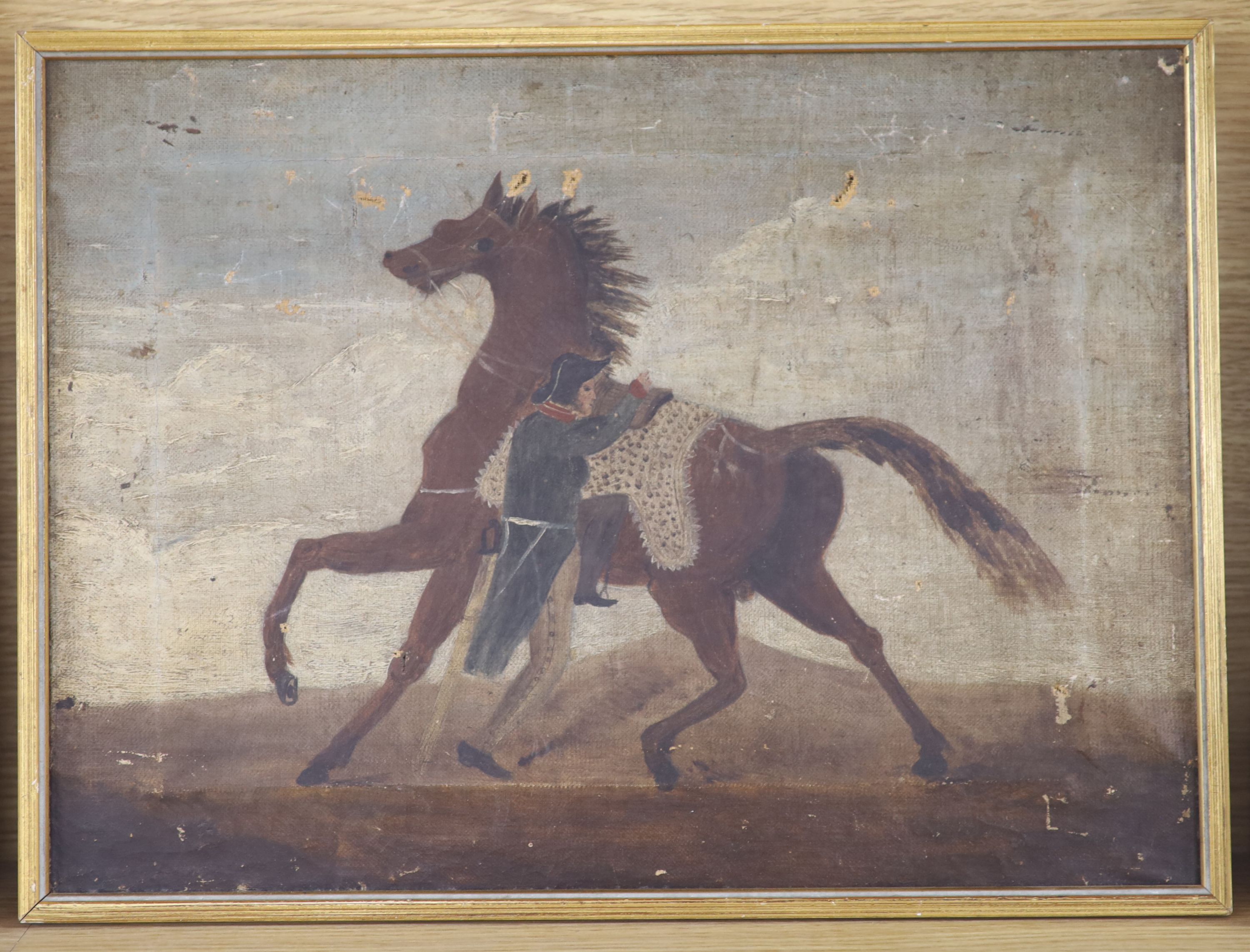 19th century French School, naive oil on canvas, Soldier mounting a horse, 28 x 37cm